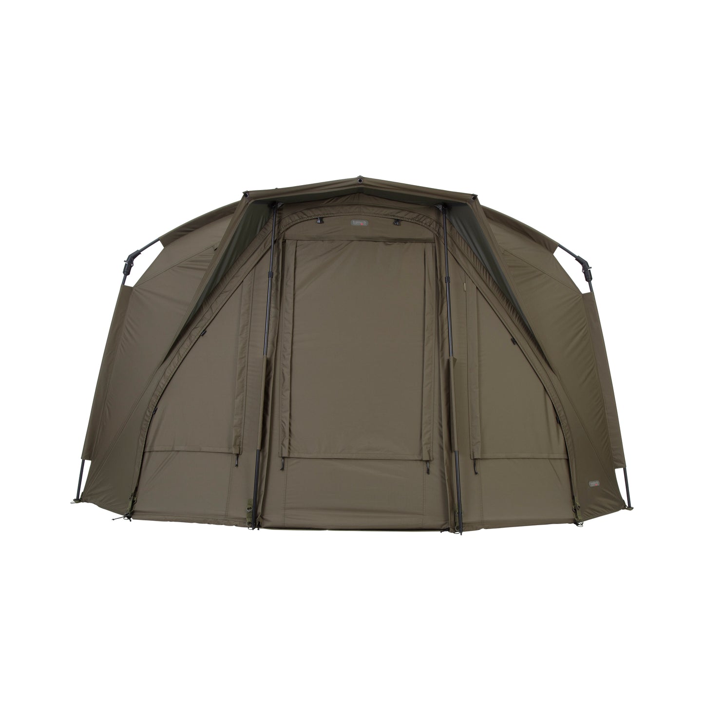 A green Trakker Tempest RS 100 bivvy, a type of outdoor shelter, set up and viewed from the front.