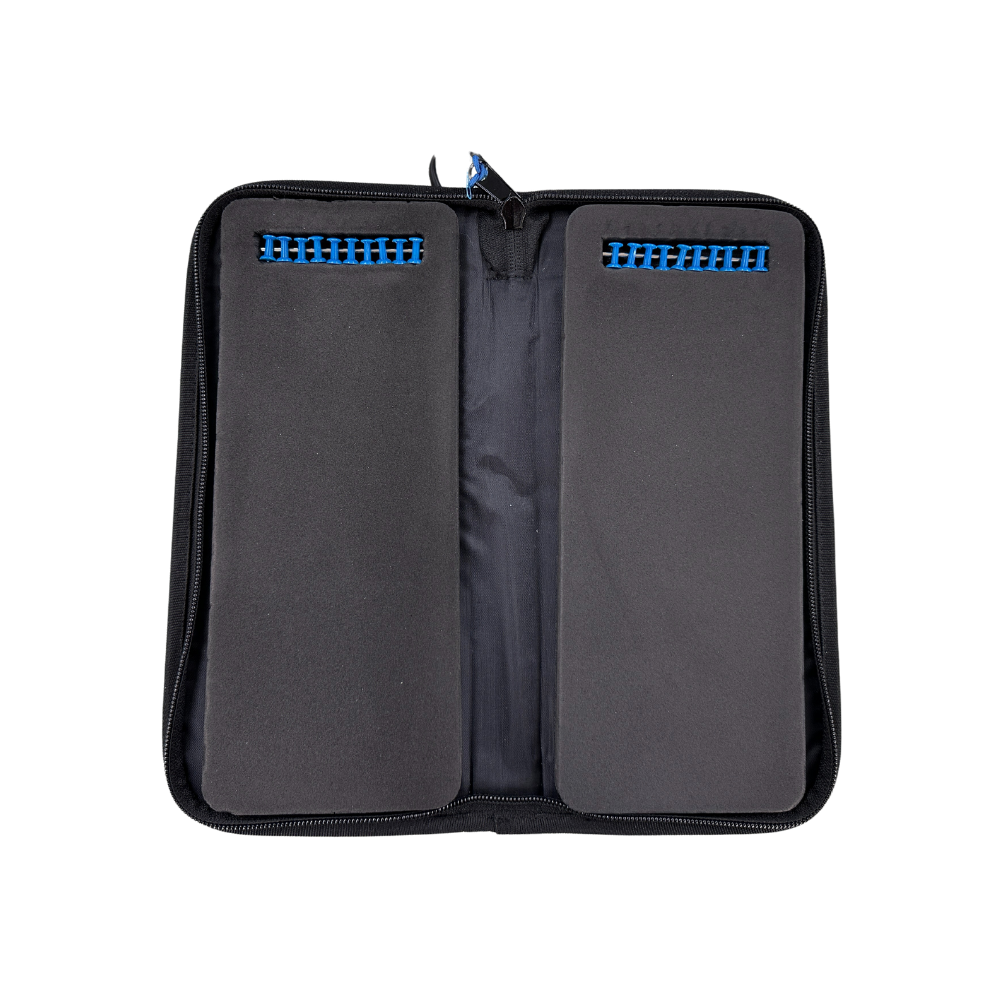 Black carrying case with blue zippers on a white background