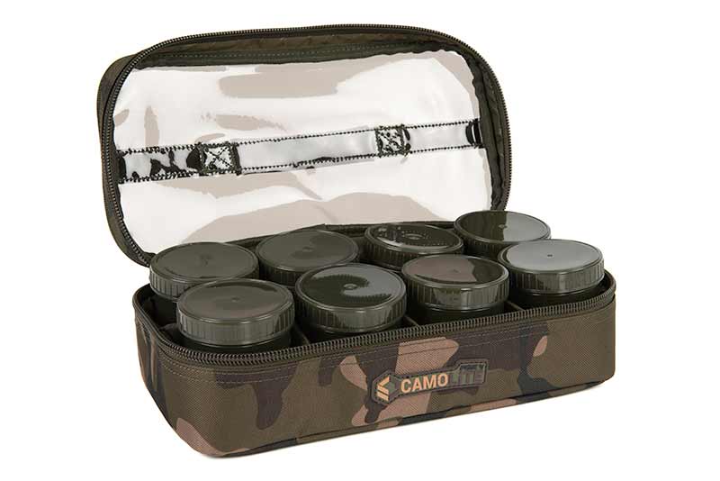 camo fishing pole case Fox International Camolite 12 Pot Hookbait Bait Pouch Brown