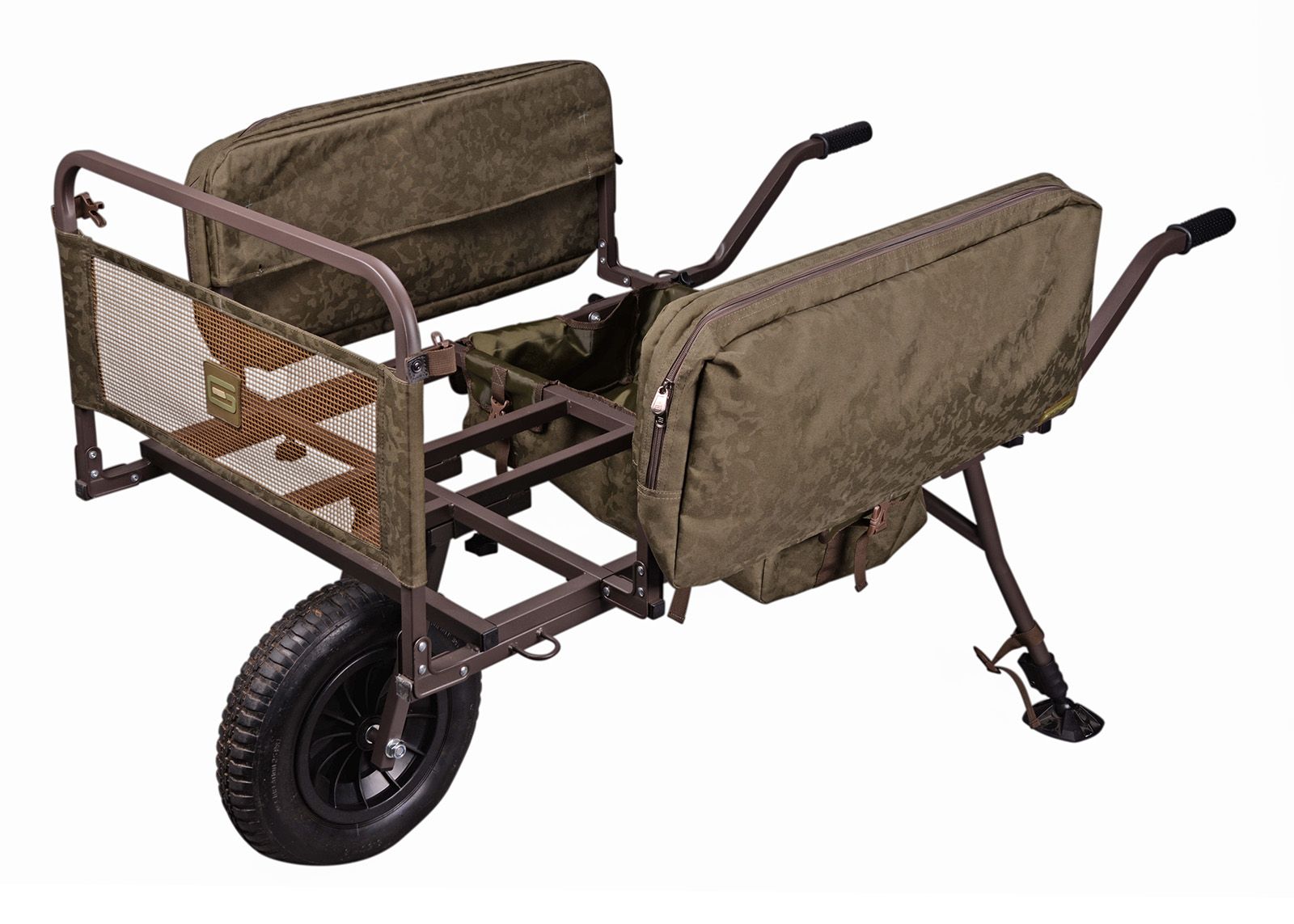 A green Pole Position Grade Bucket Barrow with a metal frame, plastic wheels, and fabric covers on the compartments.
