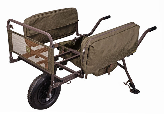 A green Pole Position Grade Bucket Barrow with a metal frame, plastic wheels, and fabric covers on the compartments.