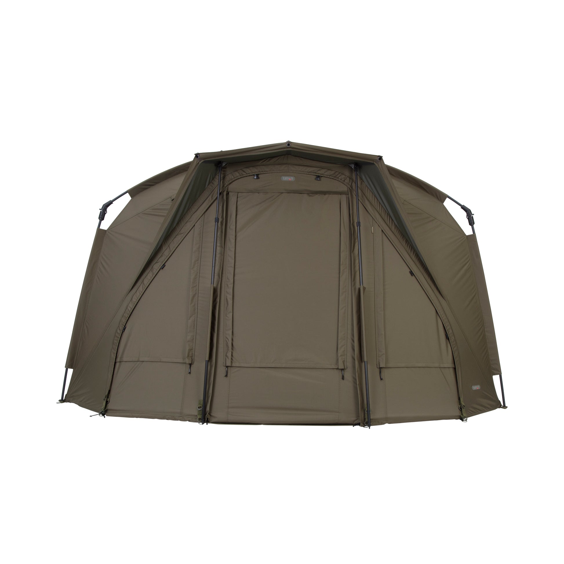 A green Trakker Tempest RS 100 bivvy, a type of outdoor shelter, set up and viewed from the front.