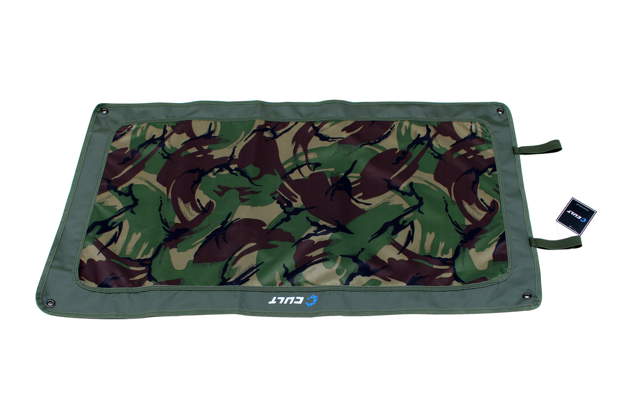 Camouflage-patterned mat with a brand logo on a white background