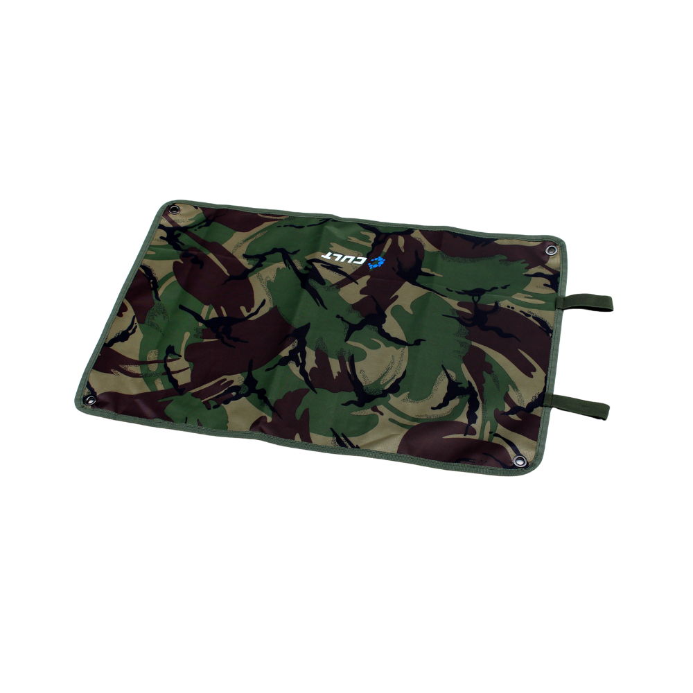 Camouflage-patterned mat with a brand logo on a white background