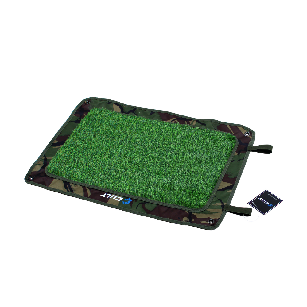 Green grass-like mat with camouflage border on a white background