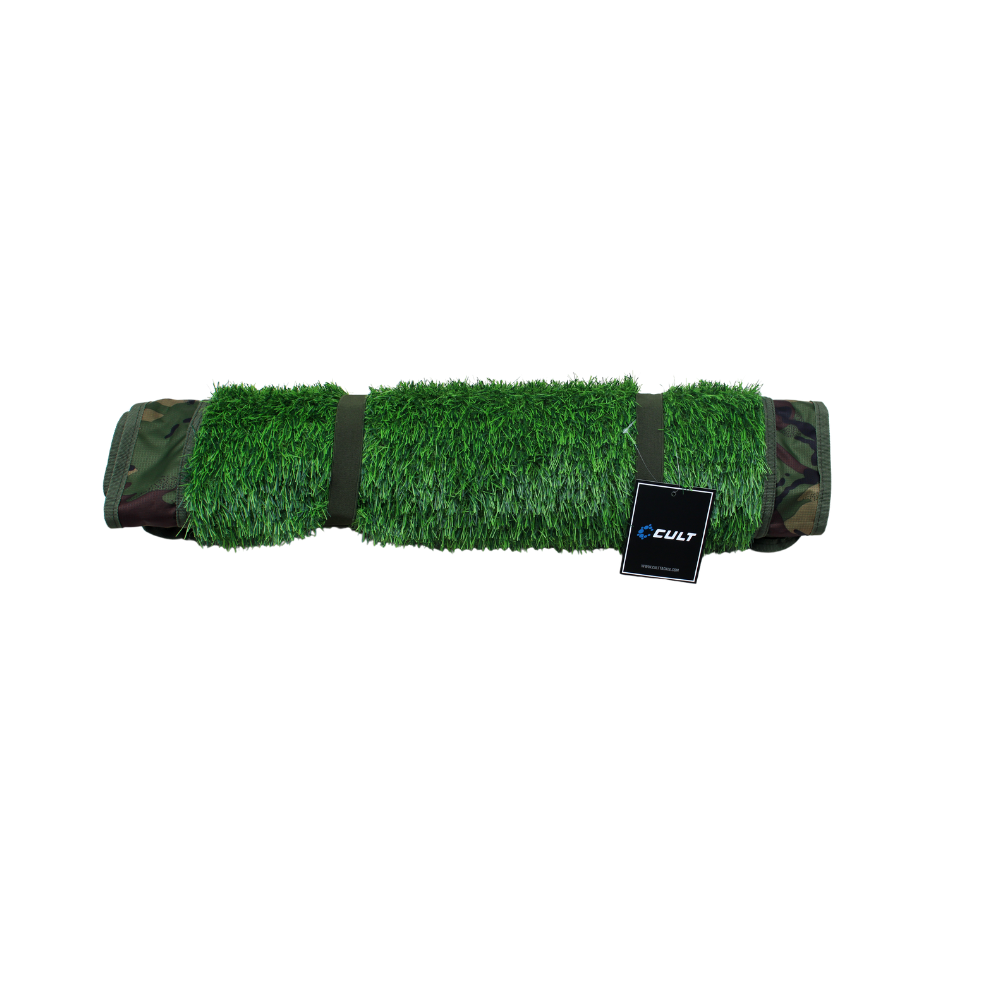 Roll of artificial grass with a Cult brand tag on a white background