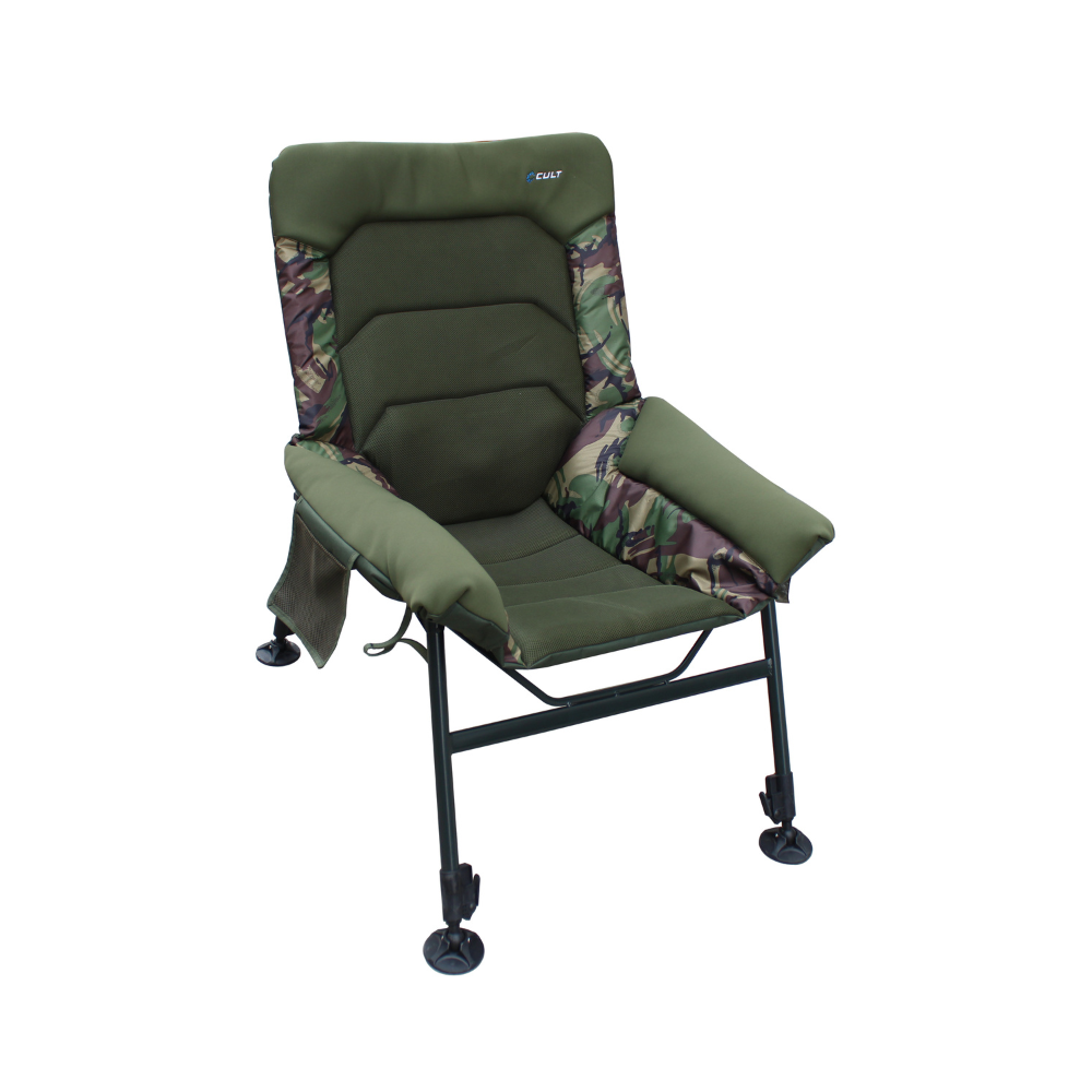 Green and camouflage-patterned chair on a white background