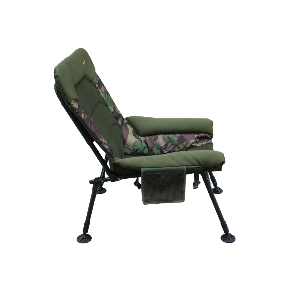 Green and camouflage-patterned folding chair on a white background