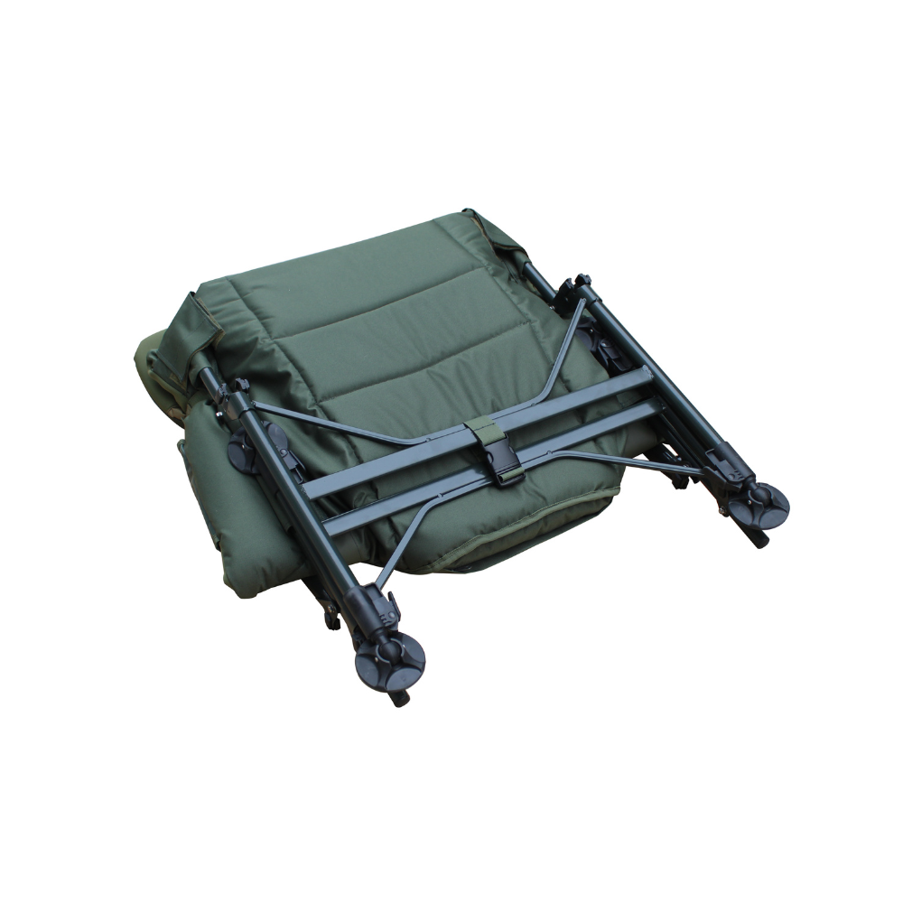 Green camping cot with black metal frame on a white background