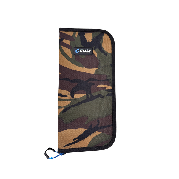 Camouflage zippered pouch with 'Cult' branding on a white background