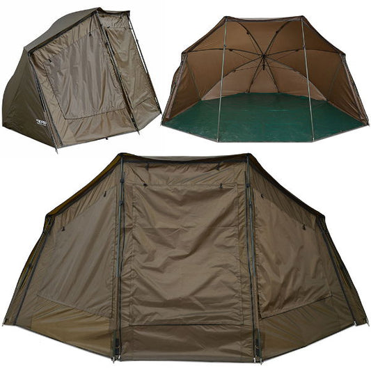 Brown and green tent with mesh side panel on a white background