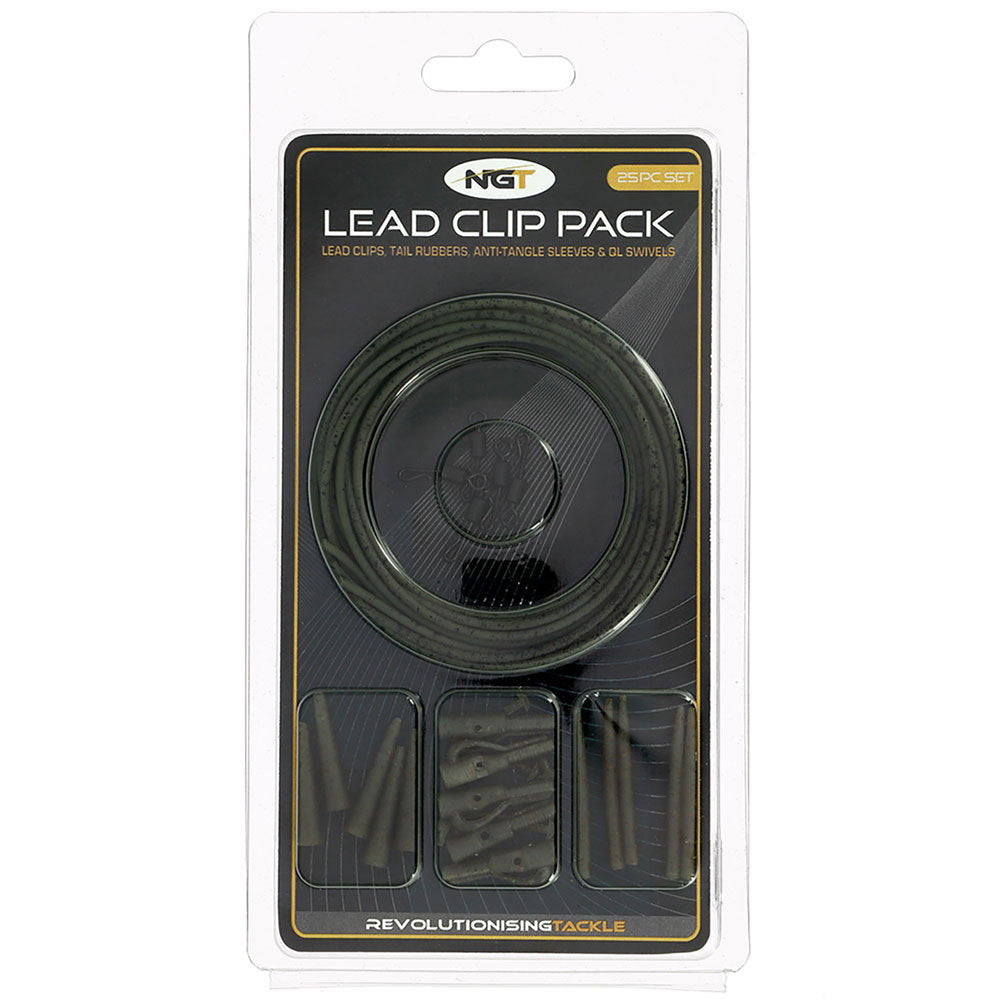 NGT Camo Lead Clip Action Pack - 5 x Lead Clip, Tail Rubber, Anti-Tangle Sleeve and QL Swivel Set