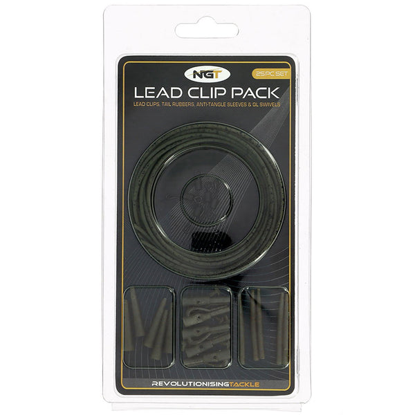 NGT Camo Lead Clip Action Pack - 5 x Lead Clip, Tail Rubber, Anti-Tangle Sleeve and QL Swivel Set