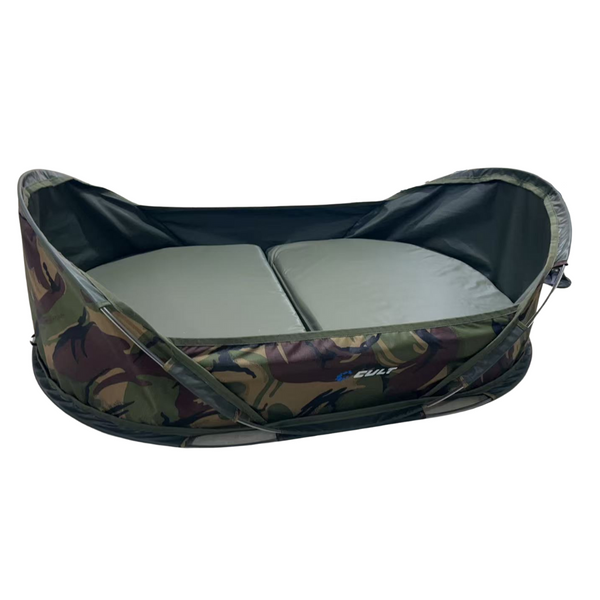 Camouflage-patterned inflatable unhooking mat with a white interior on a white background