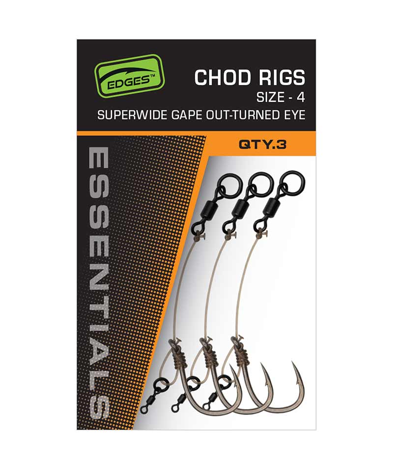 Packaging for Fox Edges SWOG Chod Rigs showing three fishing rigs, with product information and branding visible.