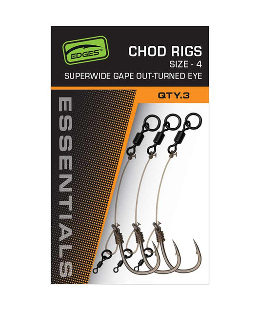 Packaging for Fox Edges SWOG Chod Rigs showing three fishing rigs, with product information and branding visible.